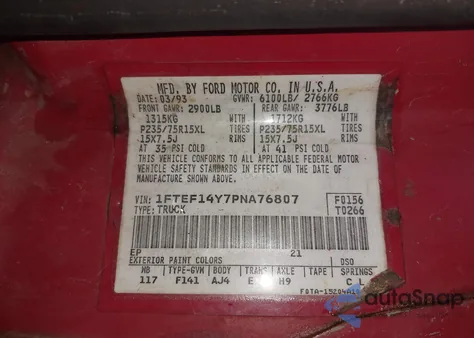 1993 Ford F150 z USA, uszkodzony, nr VIN 1FTEF14Y7PNA76807